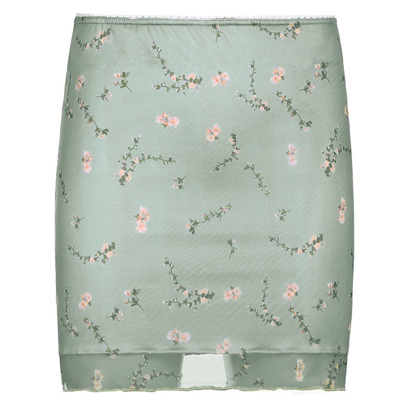 Lizakosht 2000s Aesthetic Cute Mni Skirts Womens Double Layer Mesh Flower Print Kawaii Clothes Low Waist Slim Sexy Summer Skirt
