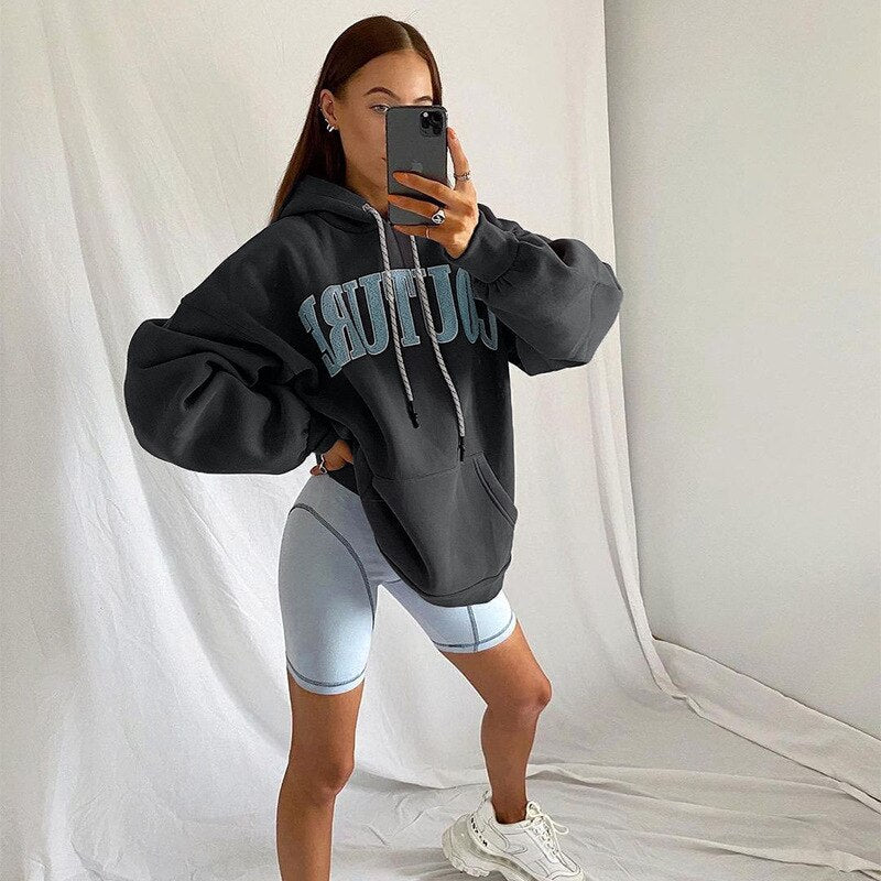 New Autumn/Winter Applique Letter Embroidered Long Sleeve Sweatshirt Pullover Hooded Women Hoodie with hooded Loose oversized