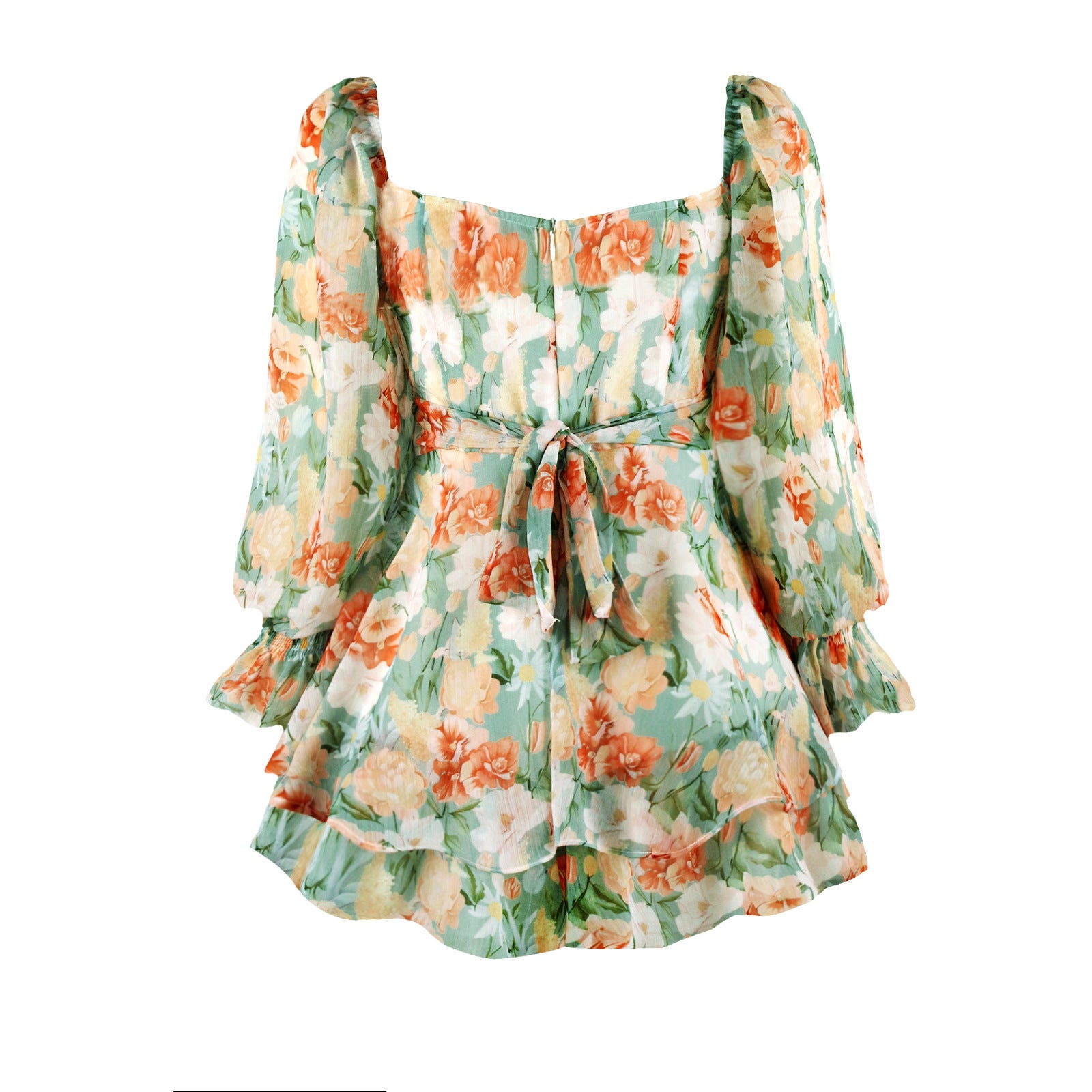 Lizakosht  Women's Chiffon Long Sleeves Jumpsuit Lace Up Ruffle Floral Print Romper Female Playsuit 2022 Ladies Sexy Square Collar Jumpsuit