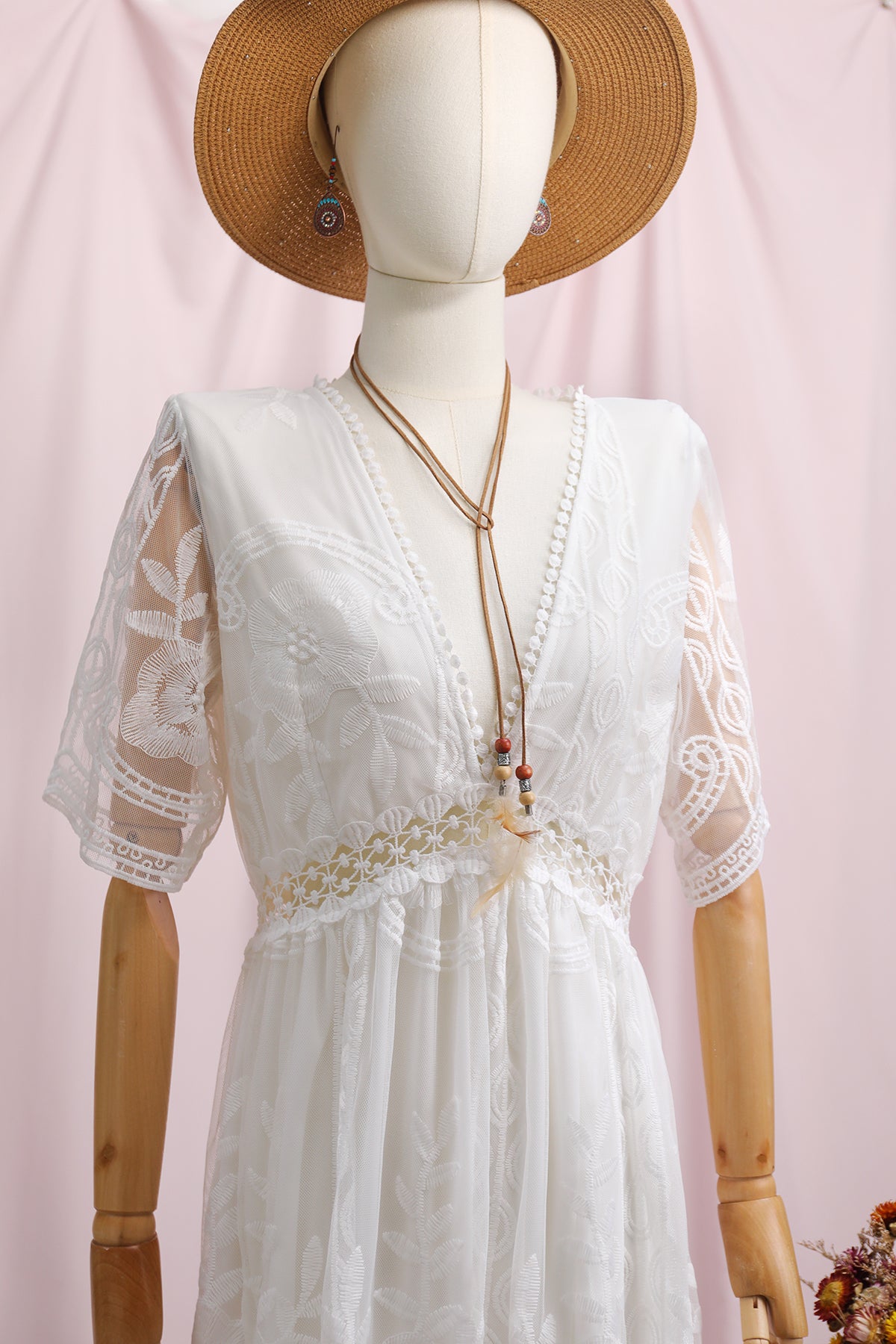 Summer Boho Women Maxi Dress Loose Embroidery White Lace long Tunic Beach Dress Vacation Holiday Women Clothing