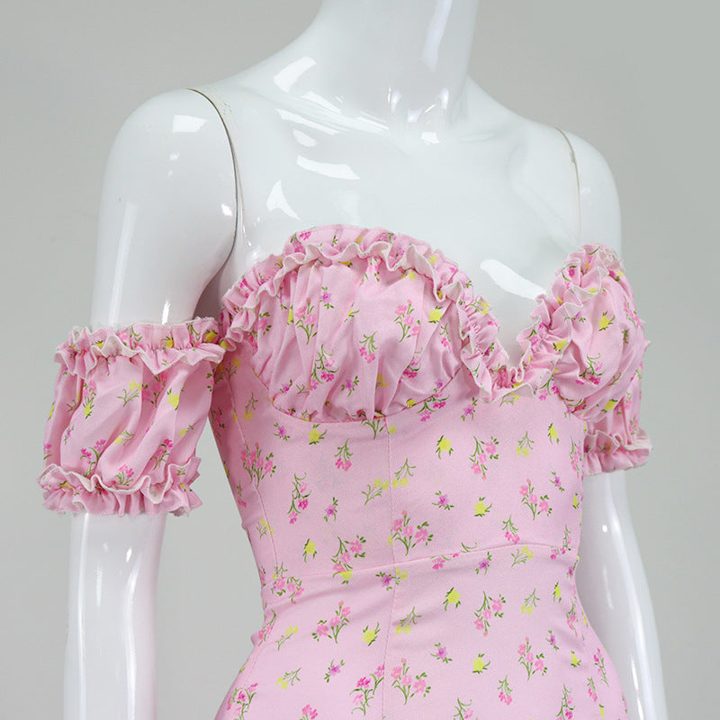 Strapless Side Split Corset Dress Beach Dress Summer Pink Floral Long Dress Women Sexy Off Shoulder Ruffles Party Dresses