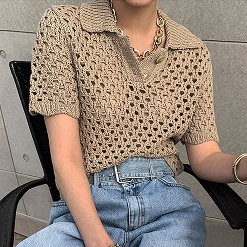 Korejpaa Women T-Shirt Summer Korean Chic French Retro Lapel Mesh Hollow Perspective Design Casual Short-Sleeved Sweater