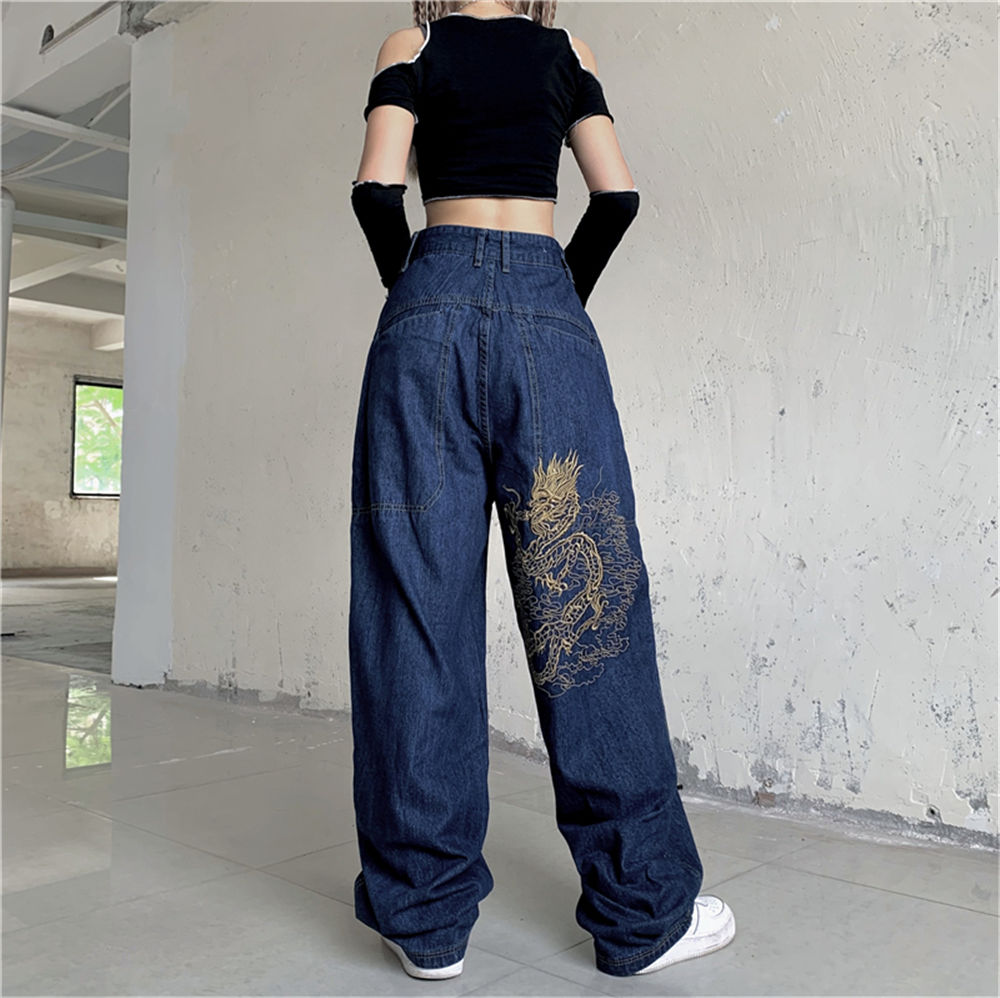 Lizakosht American retro street loose embroidered straight-leg jeans women  new casual all-match high-waist mopping wide-leg trousers