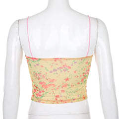 Lizakosht Streetwear Flower Print Mesh Top Women Camis V Neck Lace Patchwork Sexy Tops Strap Party Summer Crop Top Camisole Hot