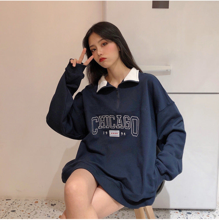 Dark Blue Letter Printing Zip Up Collar Sweatshirt Women Vintage Brand Fashion Oversized Loose Casual Streetwear New Long Sleeve