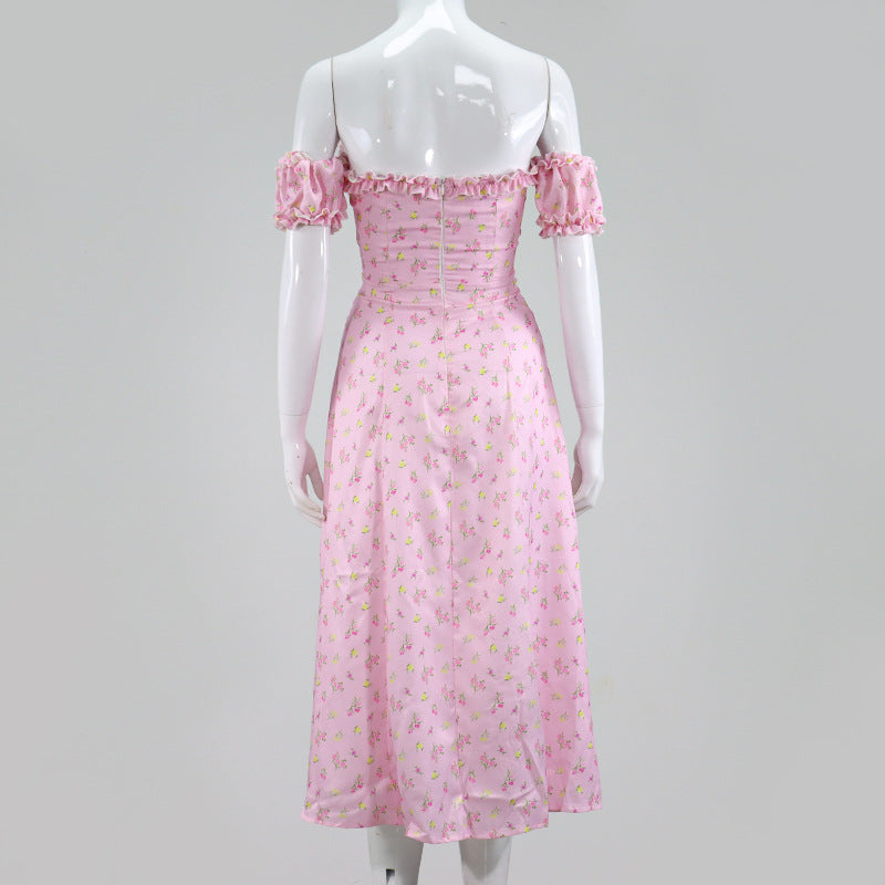 Strapless Side Split Corset Dress Beach Dress Summer Pink Floral Long Dress Women Sexy Off Shoulder Ruffles Party Dresses