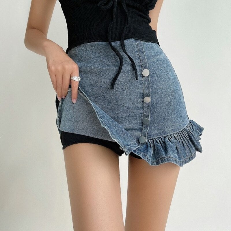Harajuku Punk Y2K Denim Mini Pleated Skirt Ladies Summer High Waist Jeans Shorts Skirts Women Ruffles Fashion Korean