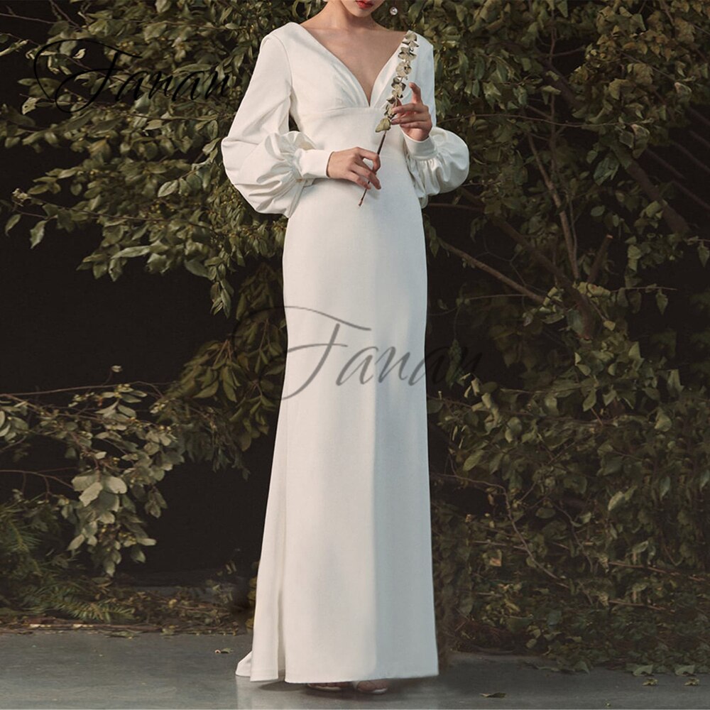 Lizakosht V-Neck Backless Mermaid Wedding Dresses Long Sleeve Satin Floor-Length Bridal Gown vestido de noiva robe de mariée