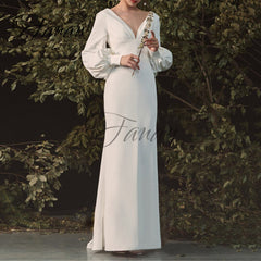 Lizakosht V-Neck Backless Mermaid Wedding Dresses Long Sleeve Satin Floor-Length Bridal Gown vestido de noiva robe de mariée