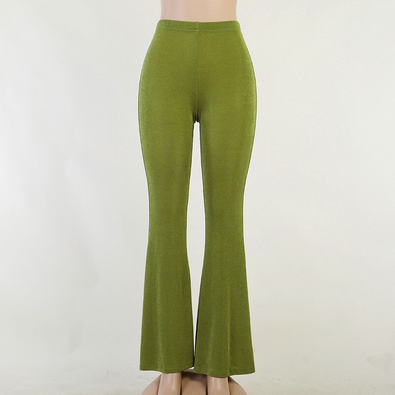 Lizakosht Retro High Waist Flare Pants Women's Fashion Streetwear Women's Skinny Slim Pants Green Shiny Tights New