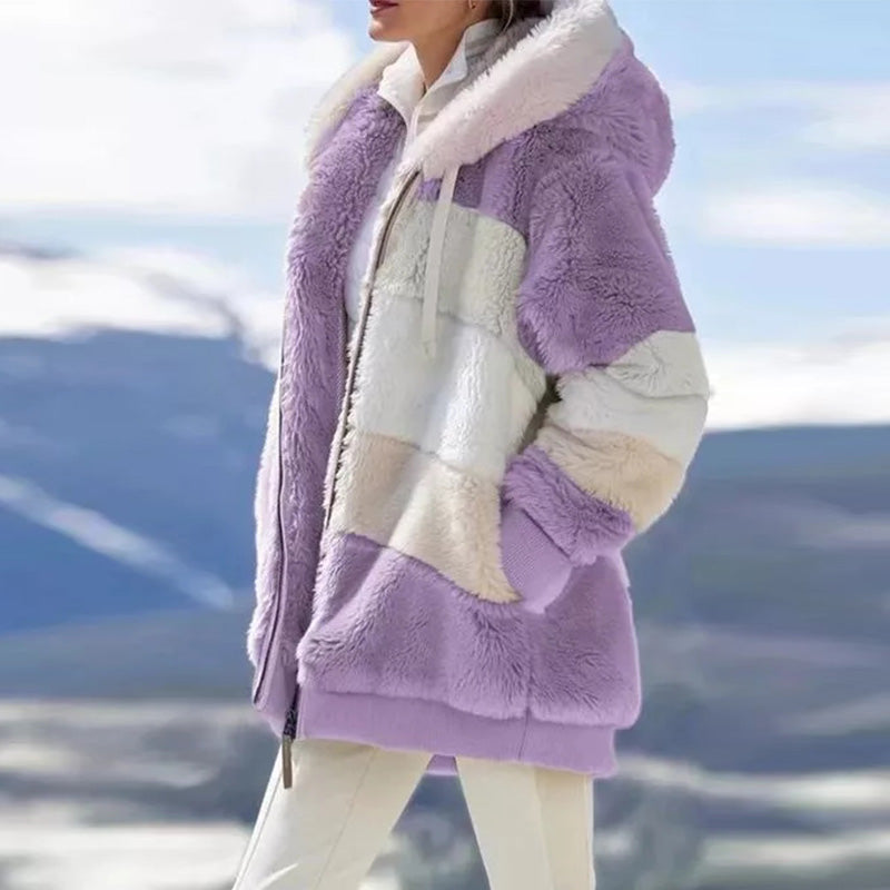 New Fashion Winter Women Coat Loose Plush Warm Hooded Jacket Casual Multicolor Splicing Zipper Long Sleeve Ladies Coats 5XL