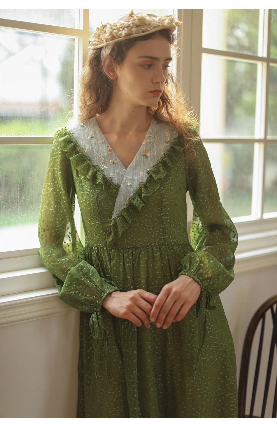 Lizakosht Green Dress SpringSummer Women Vintage Elegant Slim Long Sleeve Embroidery Lace V-Neck Cotton Long Dress ropa mujer talla grande