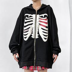 Ladies Hoodies Goth Hoodie Harajuku Woman Clothes Autumn Hooded Sweatshirts Loose Skull Printed Zip Long Sleeve Jacket Coat Top