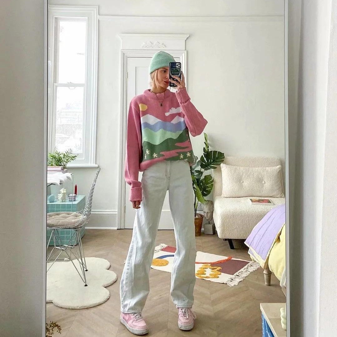 Warm Y2K fall/winter pullover sweater new pink cute loose wild pullover round neck pink sweater