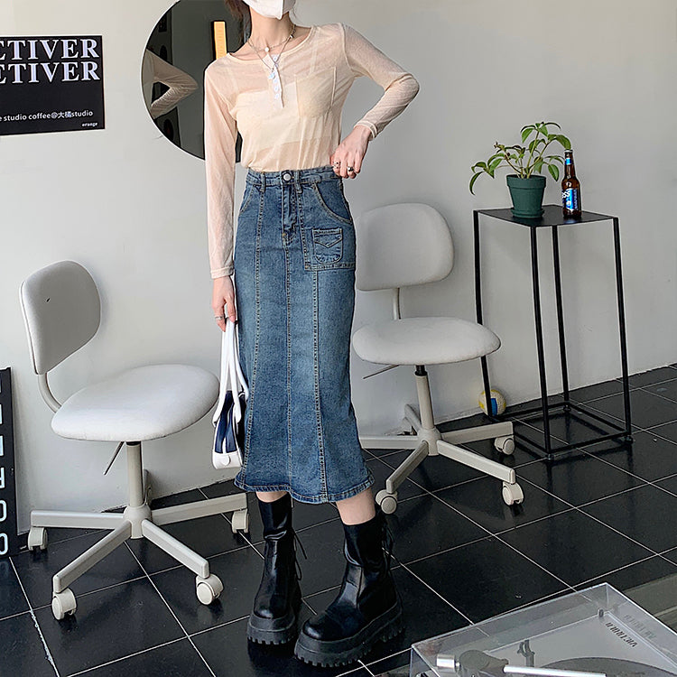 Lizakosht  Vintage Washed Jean Skirts Women High Waist Stretch Slit Ruffle Trumpet Female 2022 New Sexy Fitness Tight Skirt