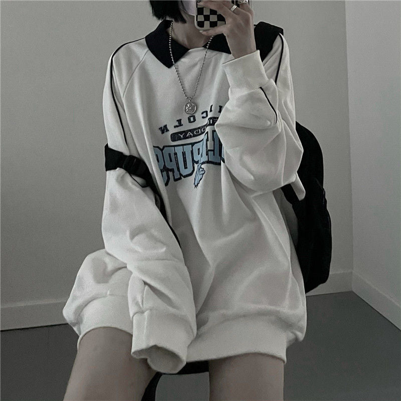 Vintage Oversized Hoodie Women Autumn Harajuku Preppy Style Patchwork Fake Two-piece Sweatshirt Casual Kpop Streetwear