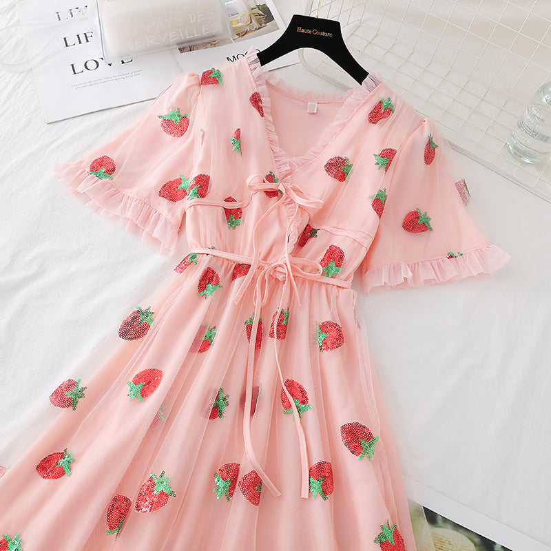 Sweet Elegant Strawberry Dress Women Summer 2022 Pink Beach Boho Party Midi Dress Ruffle Kawaii Korean Casual Vacation Clothing