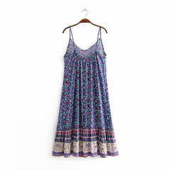 Lizakosht Vintage Women Floral Print  Sleeveless Beach Bohemian Strap Dresses Ladies Summer Rayon Boho Midi Dress Vestidos