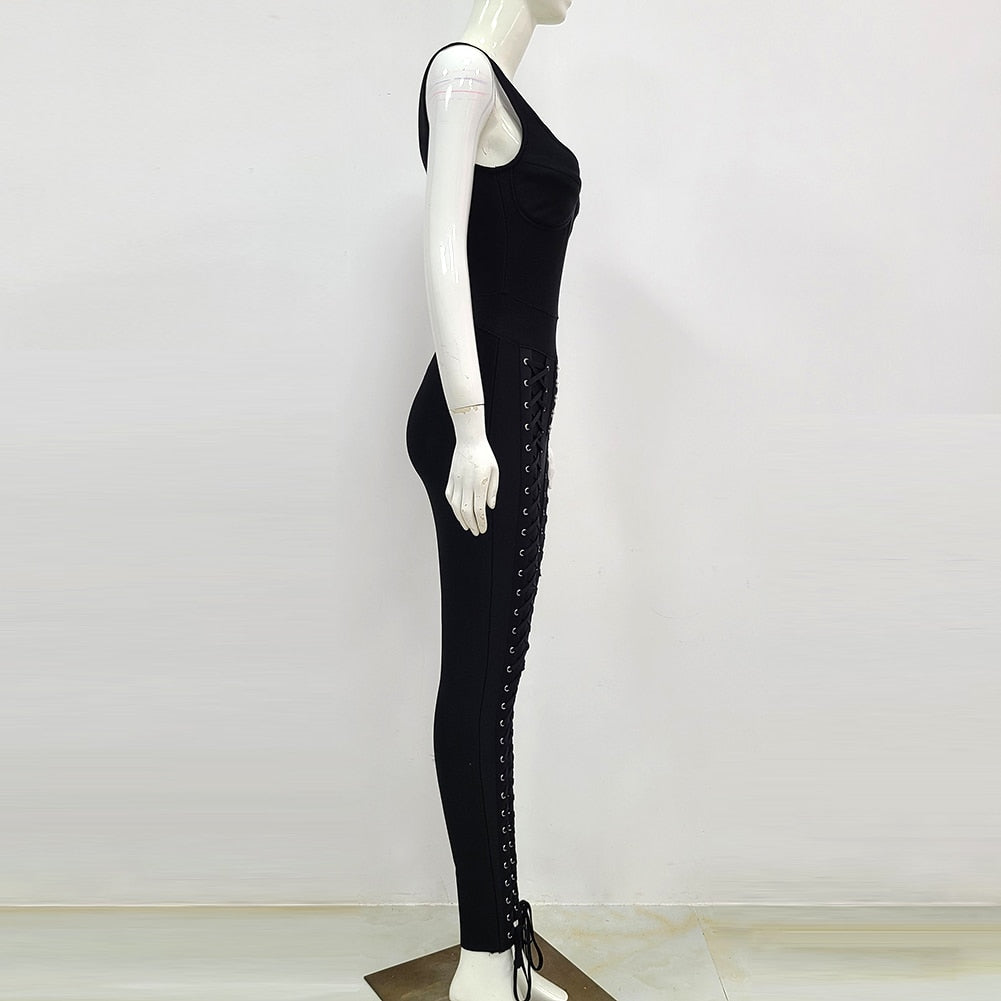 High Quality Black White sleeveless Weaving Rayon Bandage Jumpsuit Cocktail Party Bodycon Jumpsuit Vestidos