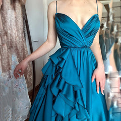 Lizakosht Elegant Turquoise V-Neck Satin Ruffles Prom Dress Hot Sale Spagetti Straps A-Line Long Evening Dress Plus Size Party Dress
