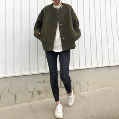 Jackets For Women 2022 Green Single-breasted Round Neck Coat Short Japanese Minimalist Style  Autumn Casual Ladies Outerwear NEW