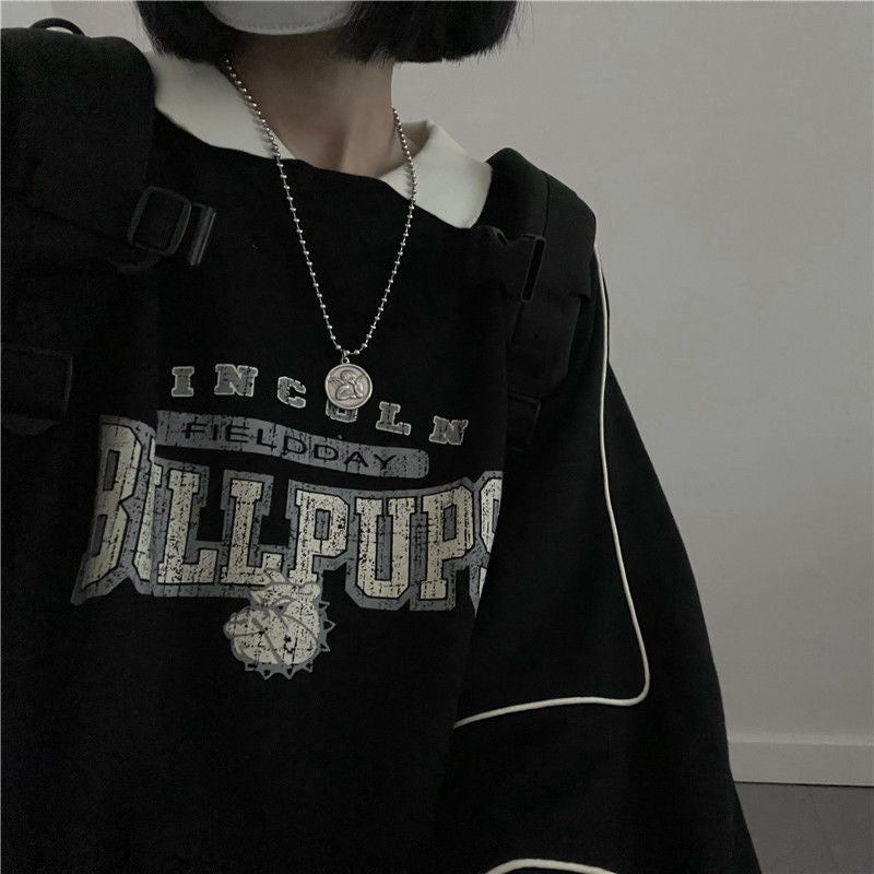 Vintage Oversized Hoodie Women Autumn Harajuku Preppy Style Patchwork Fake Two-piece Sweatshirt Casual Kpop Streetwear