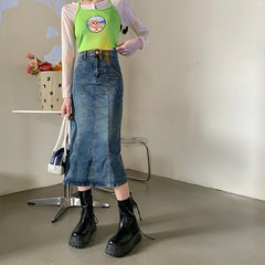 Lizakosht  Vintage Washed Jean Skirts Women High Waist Stretch Slit Ruffle Trumpet Female 2022 New Sexy Fitness Tight Skirt
