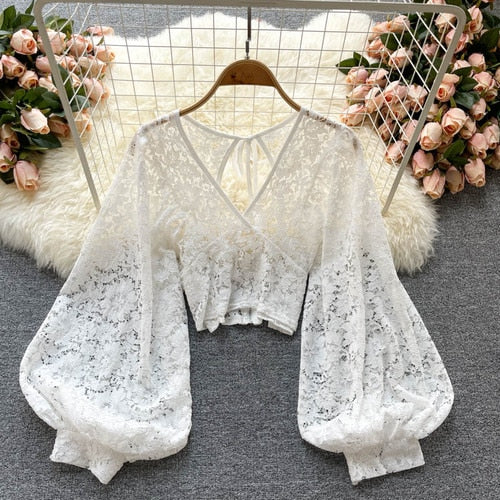 Lizakosht Autumn Black/White/Brown Sexy Lace Blouse Women Elegant V-Neck Puff Long Sleeve Open Back Short Tops Female Party Blusas