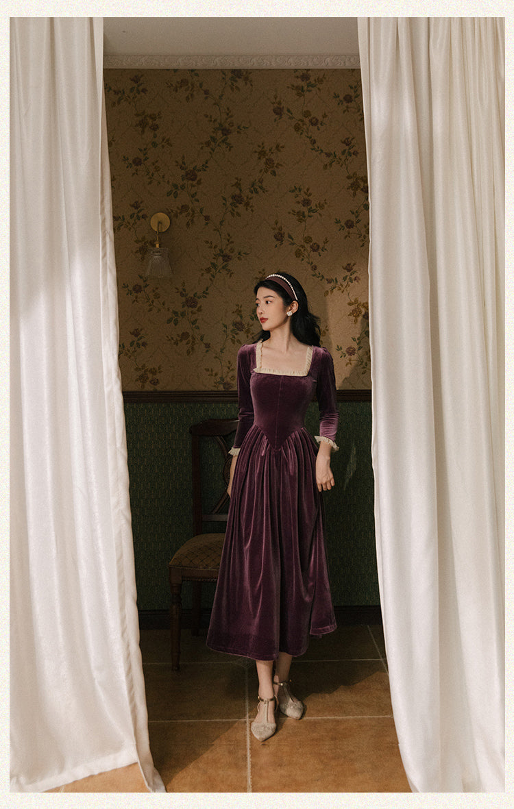 Vintage Velvet Dress Woman Solid Claret & Purple Color Square Collar Ruffles Elegant Lady Dinner Dresses Retro Vestido Festa