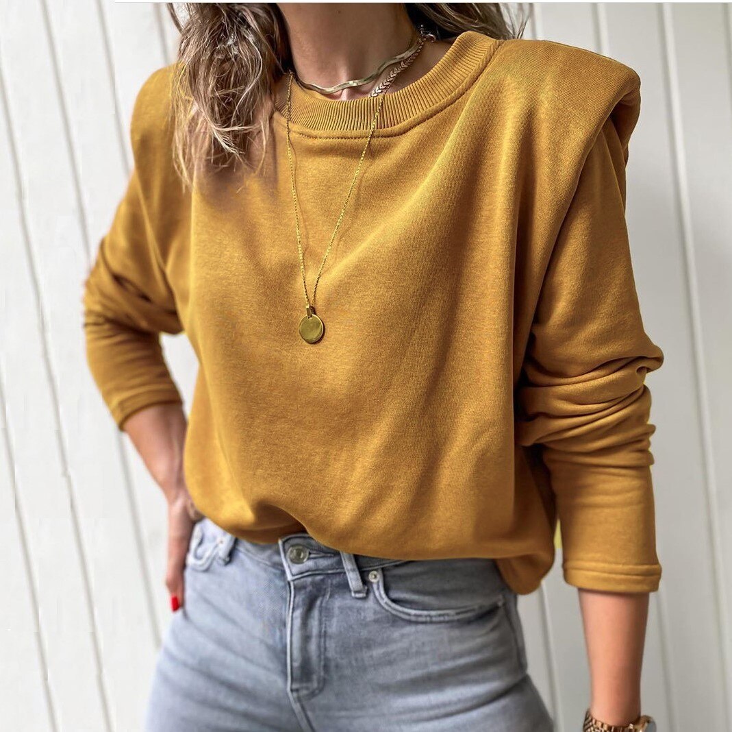 Spring autumn women's pullover long-sleeved shoulder pad plus fleece top fashion casual solid sweatshirt T-shirts for women