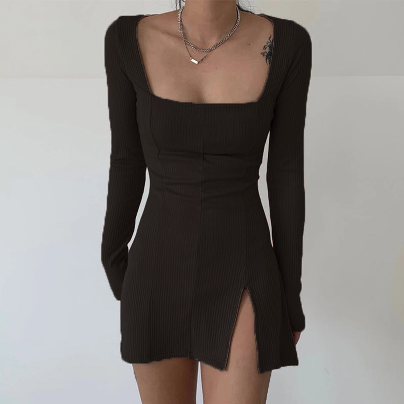 Lizakosht  Elegant Square Neck Ribbed Black Dress Female Knitted Side Split Bodycon Dress Long Sleeve Fashion Mini Dresses Basic