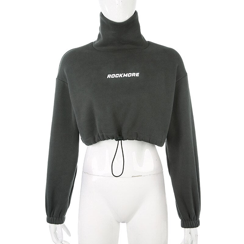 Autumn Winter Turtleneck Thick Hoodie Oversized Women Crop Tops Sweatshirt Pullovers Long Sleeve Letter Print Waist Drawstring