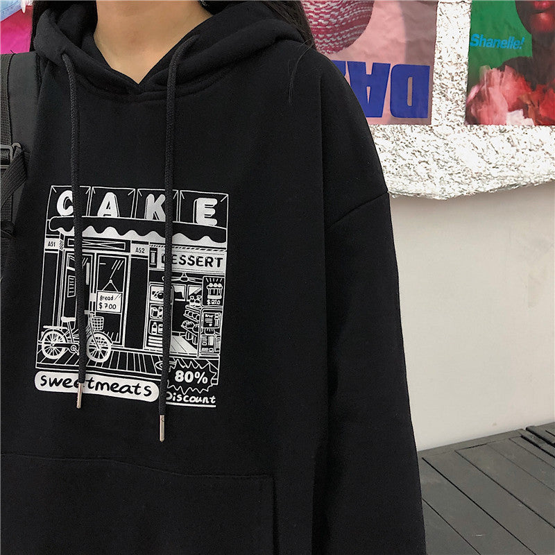 Hoodies Women Printed Thickening Hooded Plus Velvet BF Unisex Couples Pullover Sweatshirt Streetwear Hip-Hop All-match Oversize