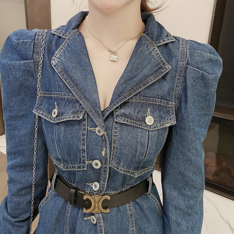 Autumn Denim Long Dress Women Casual Lapel Long Sleeve Long Cowboy Vestidos Korean Elegant Work OL Jean Dress Robe Femme