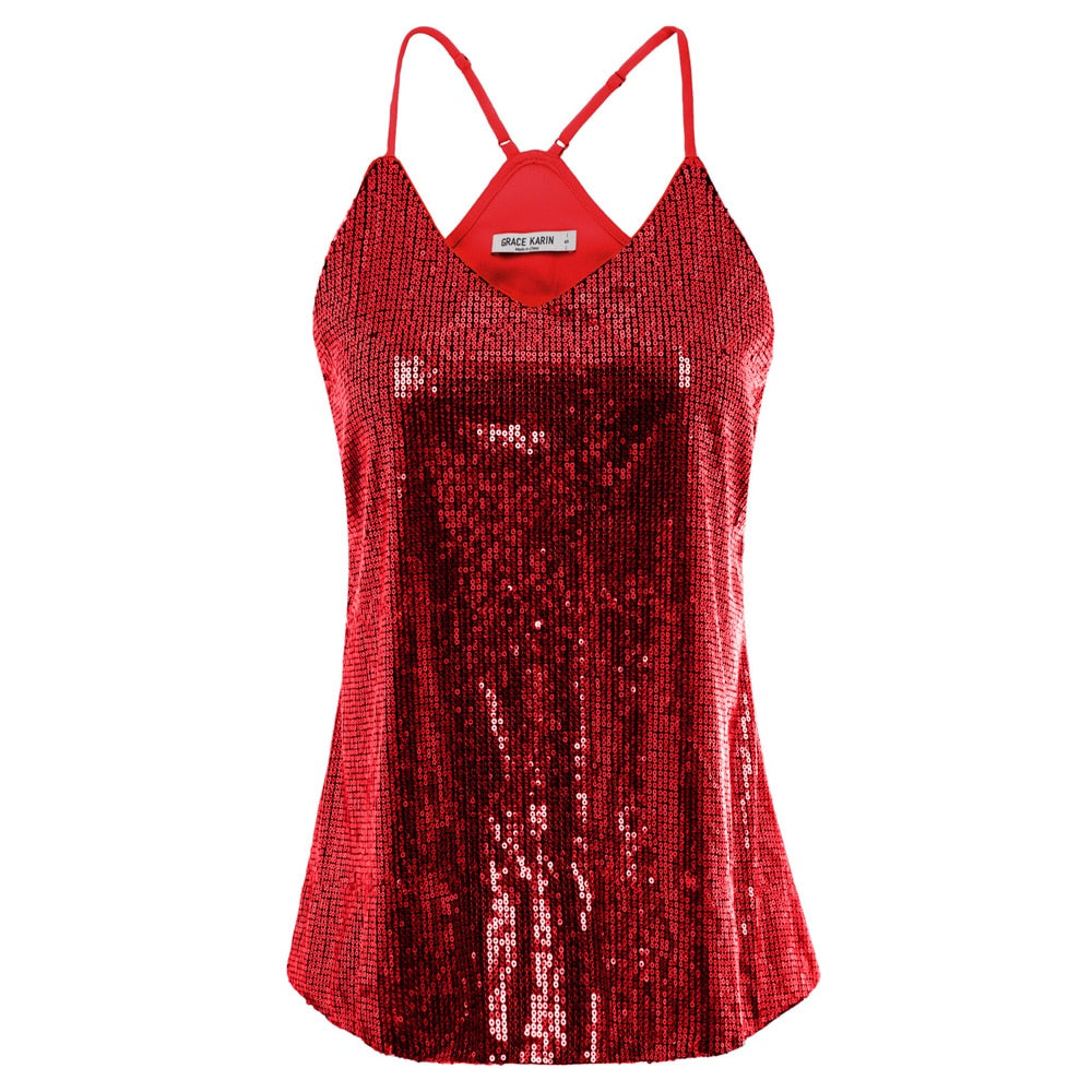 Grace Karin Women\\\'s Sequin Sexy V-Neck Top Spaghetti Strap Summer Cocktail Party Sequined Camisole Tank