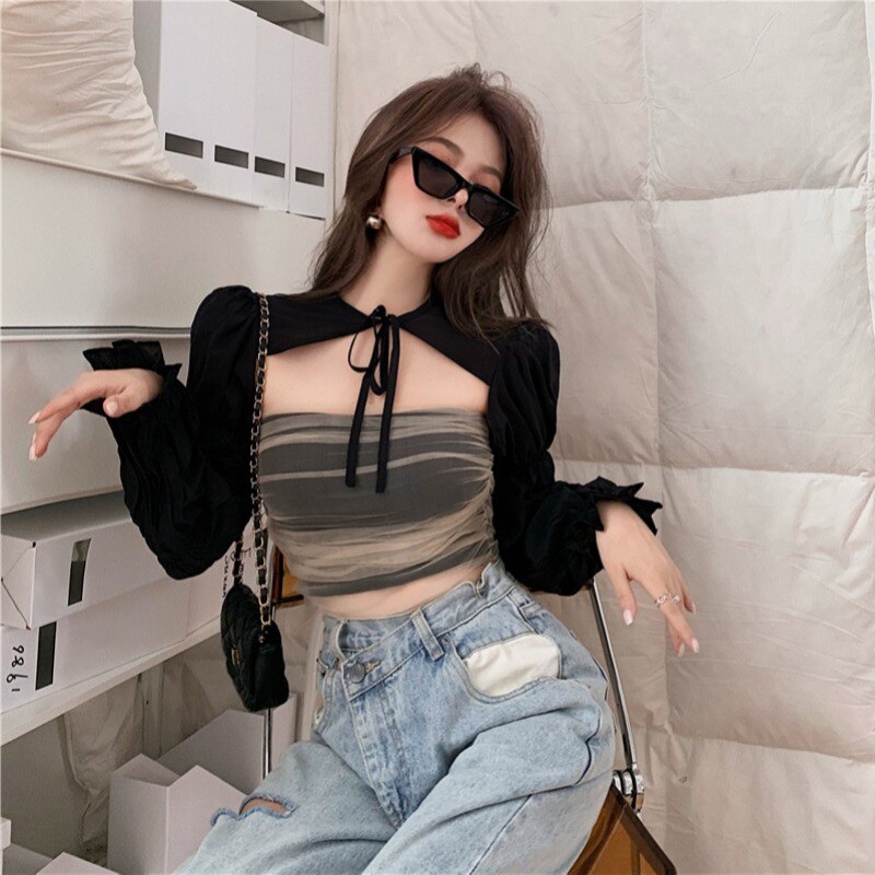 y2k Black Blouse Shirt Women's Autumn Puff Sleeve Slim-Fit Long-Sleeve Blouse Design Non-Mainstream Ultra-Short Top