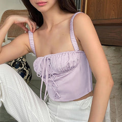 Lizakosht  Ruched Lace Up Backless Camisole Tops For Women Elastic Sleeveless Front Cross Summer Slim Sexy Girl Cropped Top 2021