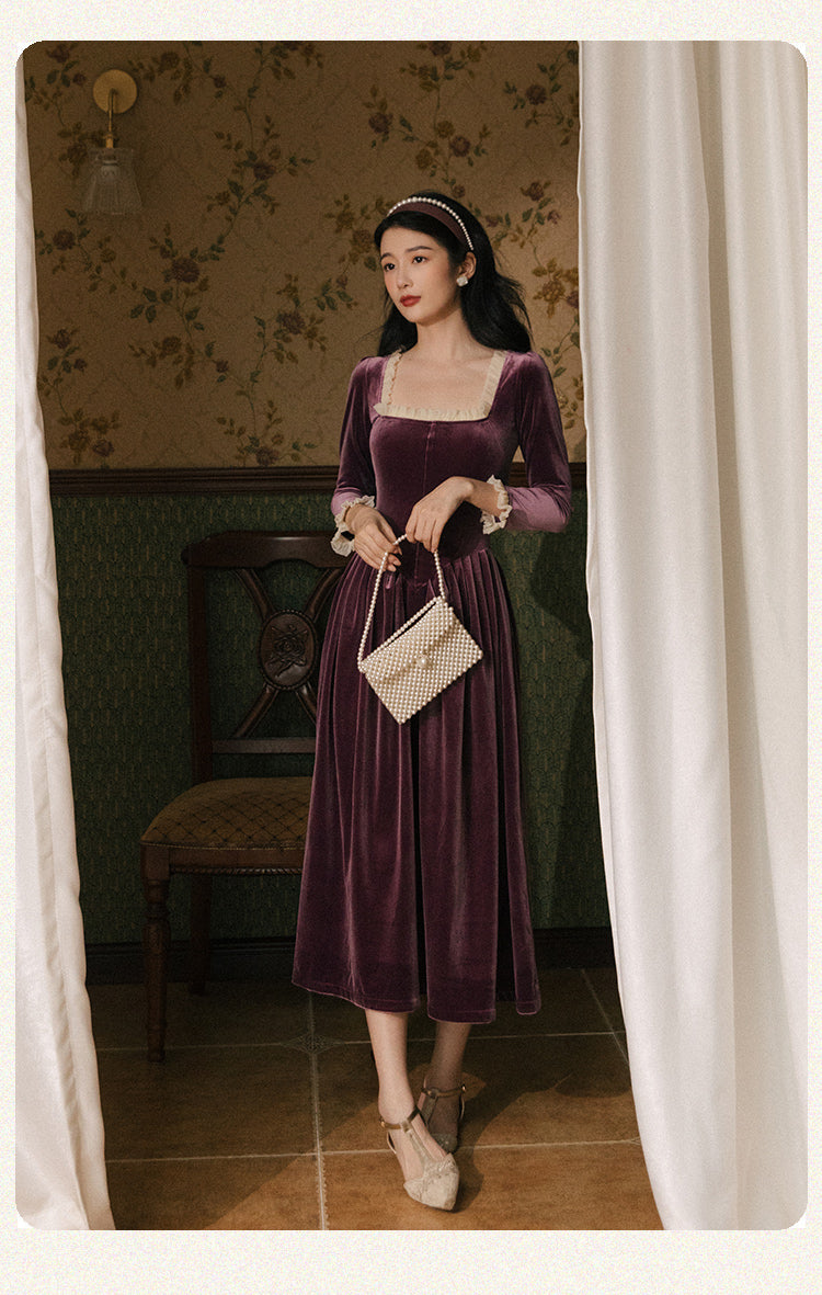 Vintage Velvet Dress Woman Solid Claret & Purple Color Square Collar Ruffles Elegant Lady Dinner Dresses Retro Vestido Festa