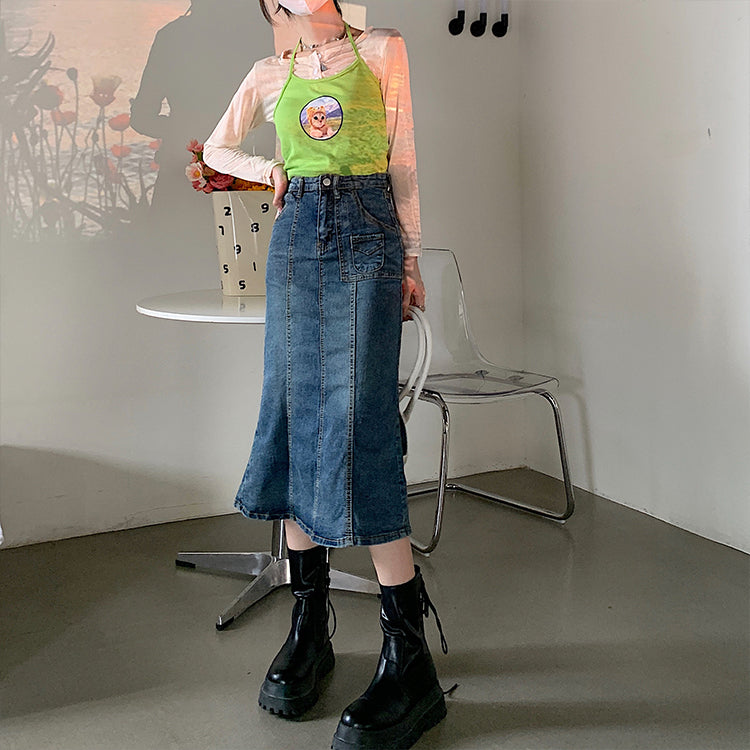 Lizakosht  Vintage Washed Jean Skirts Women High Waist Stretch Slit Ruffle Trumpet Female 2022 New Sexy Fitness Tight Skirt