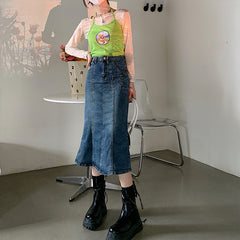 Lizakosht  Vintage Washed Jean Skirts Women High Waist Stretch Slit Ruffle Trumpet Female 2022 New Sexy Fitness Tight Skirt