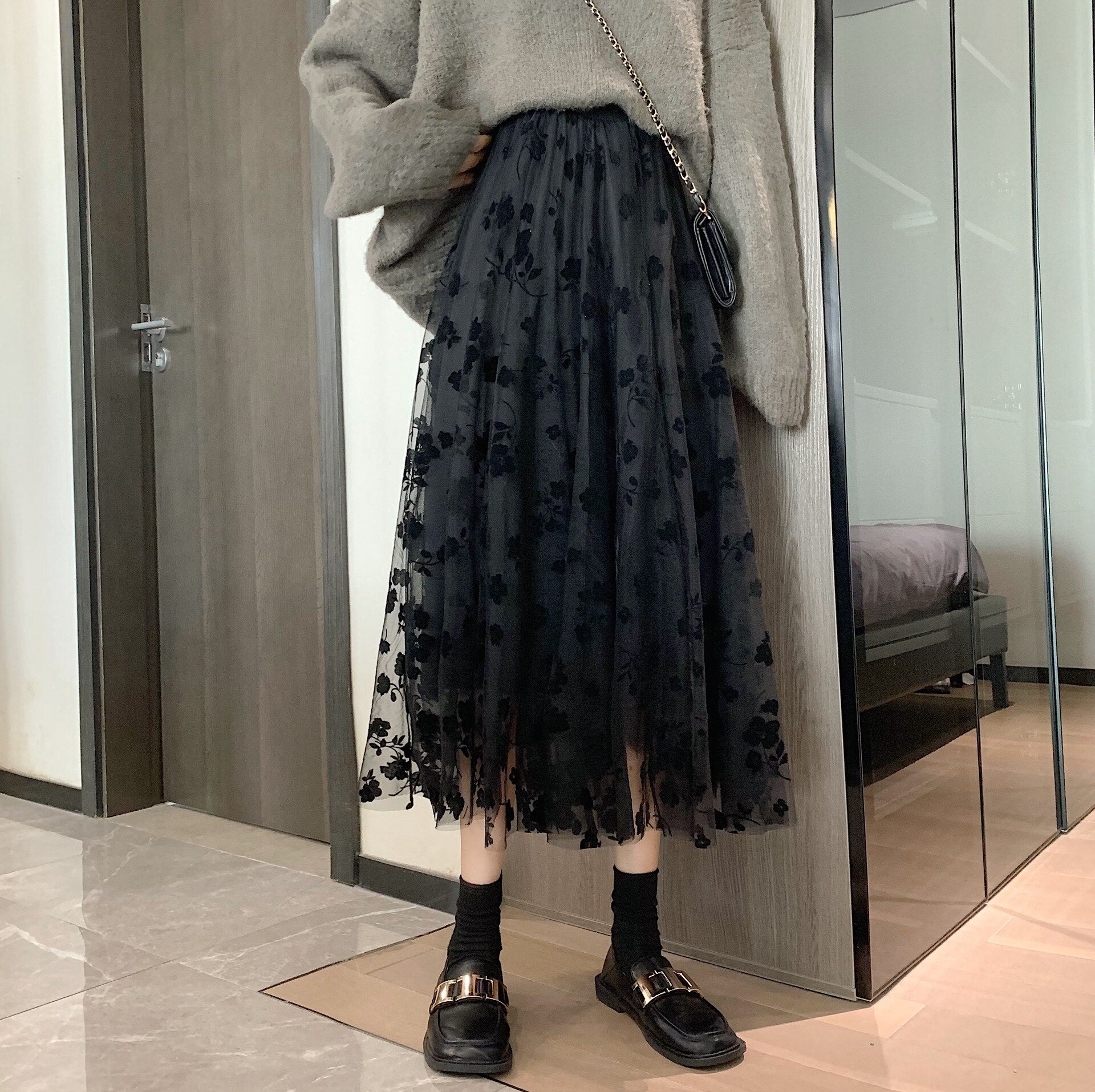Neophil 2021 Summer Women Tulle Mesh Midi Skirts 3 Layers Floral Puffy Pleated High Waist Casual Fashion Skirt Saias Jupe S21305