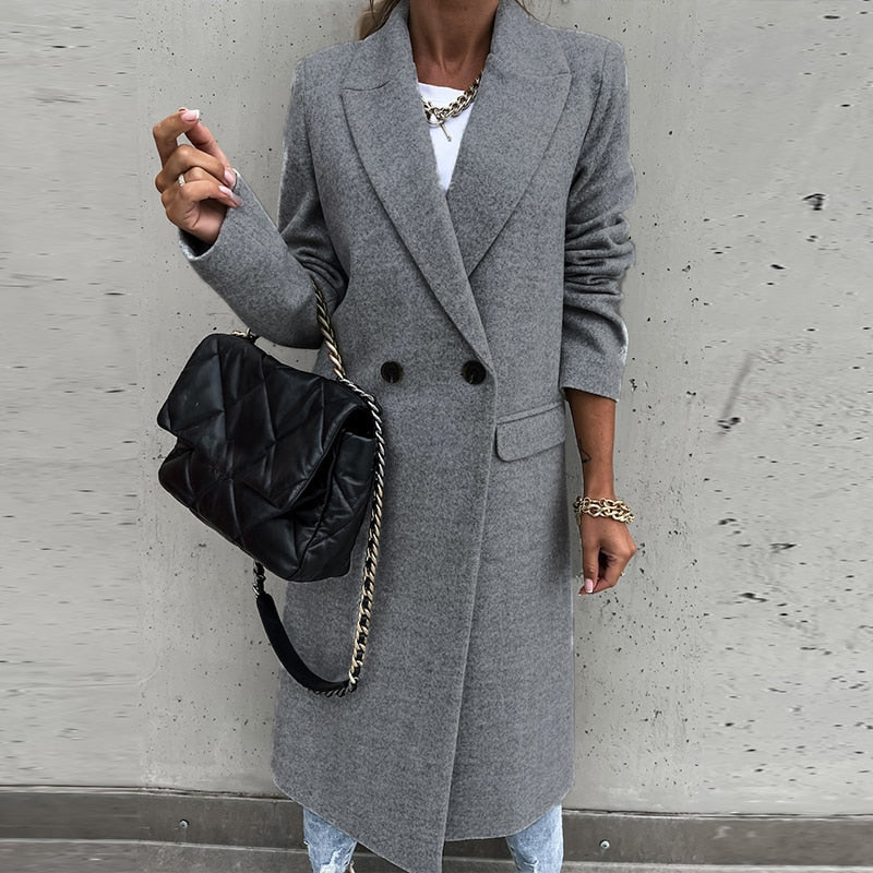 New Fashion Elegant Women Long Overcoat Autumn Winter Turn-Down Collar Woolen Coat Tops Office Lady Casual Loose Outwear