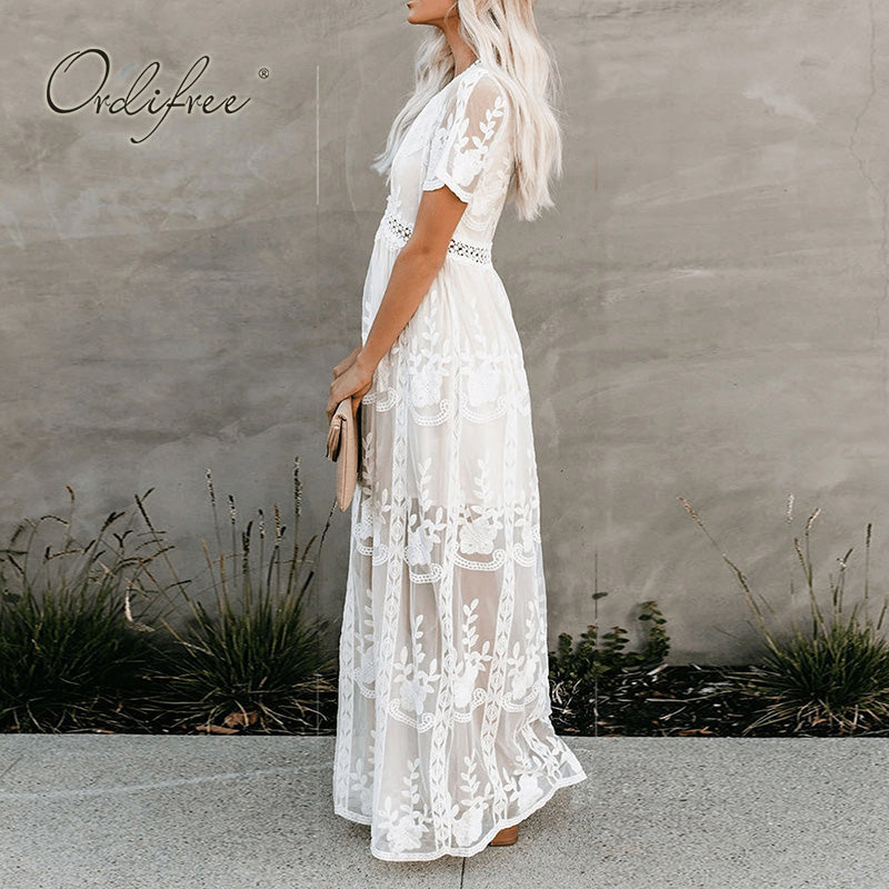 Summer Boho Women Maxi Dress Loose Embroidery White Lace long Tunic Beach Dress Vacation Holiday Women Clothing