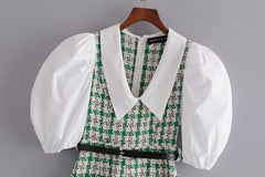Elegant women tweed rompers 2022 fashion ladies green plaid rompers streetwear female sweet pocket playsuit girls chic romper