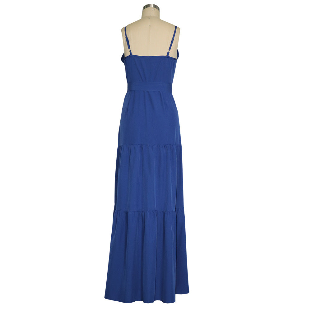 Summer Green Tunic Maxi Dress V Neck Robe Femme Belt Elegant Ruffles Party Long Dresses Spaghetti Strap Casual Vestidos Mujer