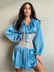 Lizakosht  Silk Women Bandage Shirts Mini Dress Lantern Sleeve Office Lady Autumn Plus Size Casual Sexy Elegant Prom Wedding 2022