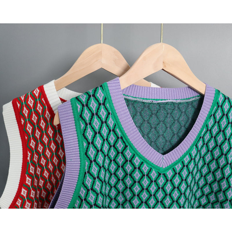 Chic Vintage Argyle Sweater Vest for Women 2021 Autumn Winter Pullover Vest Knitted Vest Sleeveless Jecket Gilet Femme