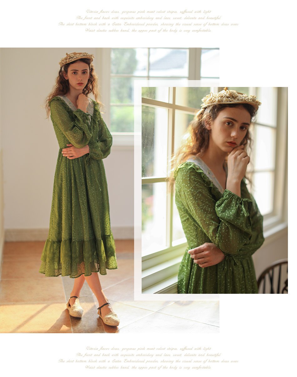 Lizakosht Green Dress SpringSummer Women Vintage Elegant Slim Long Sleeve Embroidery Lace V-Neck Cotton Long Dress ropa mujer talla grande