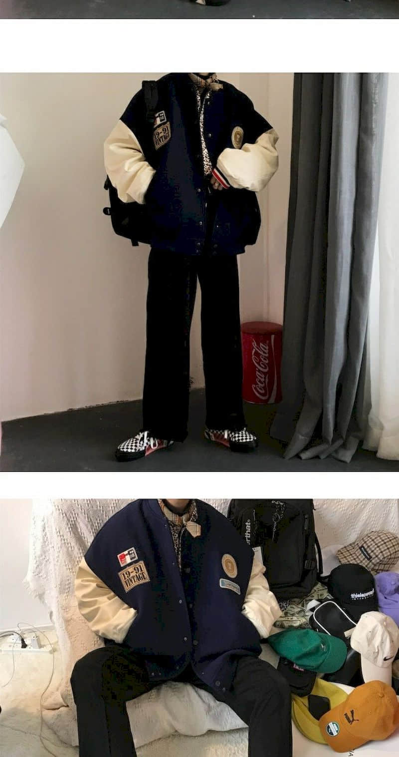 Vintage collage jacket 2021 winter new Korean plus velvet thick coat men women loose baseball uniform couple preppy streetwear