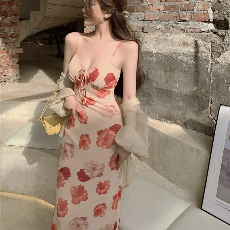 Lizakosht French Vintage Strap Dress Women Sweet Elegant Sleeveless Sexy Floral Dress Female Casual V-neck Beach Party Dress Summer 2021